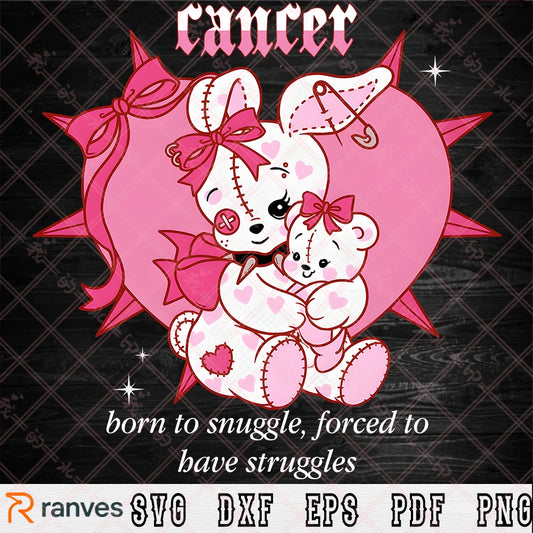 Cancer SVG PNG, Zodiac Emo Bunny Clipart, Born to Snuggle Sublimation