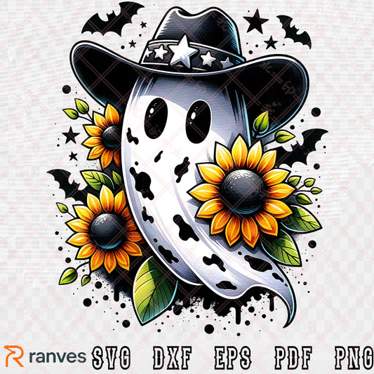 Cowboy Ghost Cow Print Cowboy Hat Sunflowers Fall Bats Halloween Western Trending Trendy SVG, PNG, DXF, EPS