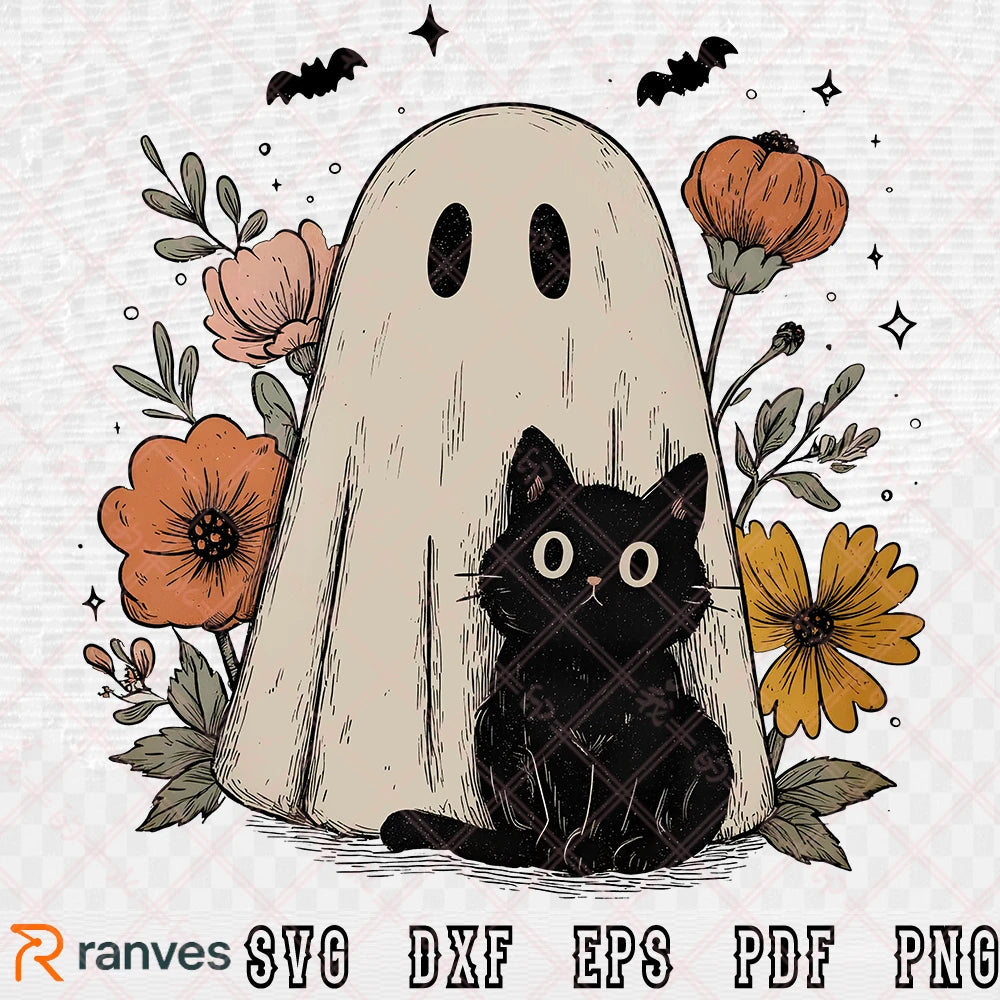 Cute Halloween Ghost Cat SVG PNG, Fall Floral Spooky Clipart Design