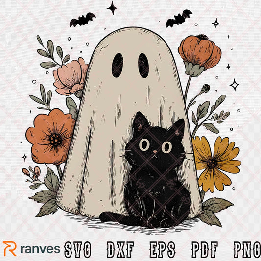 Cute Halloween Ghost Cat SVG PNG, Fall Floral Spooky Clipart Design