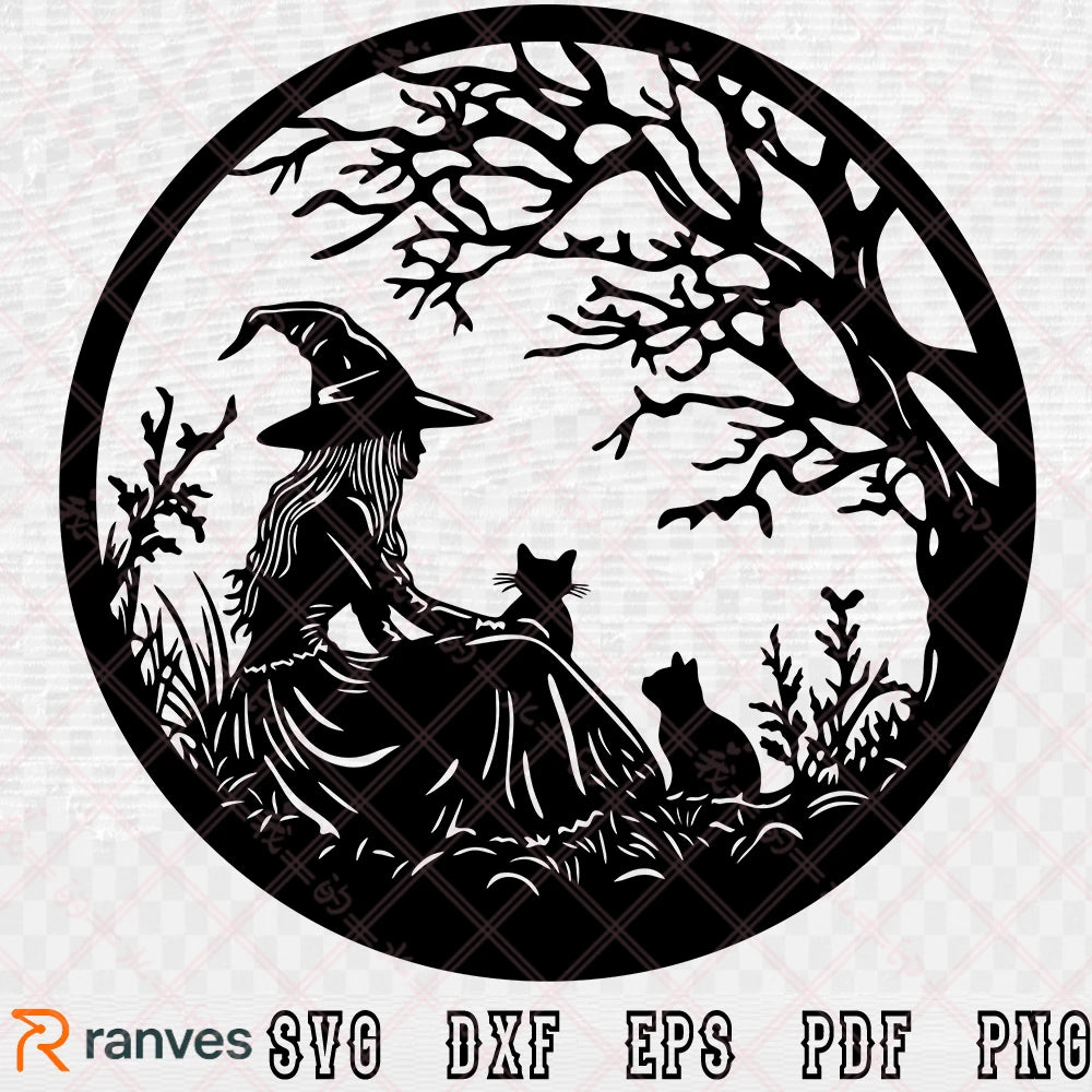 Witch Cat Silhouette SVG PNG, Halloween Round Cutting File for Cricut