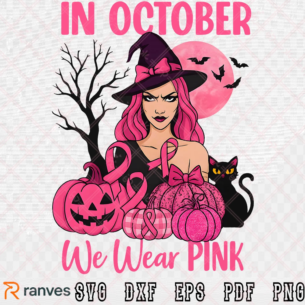 Pink Witch SVG PNG, Breast Cancer Awareness Halloween Clipart Design