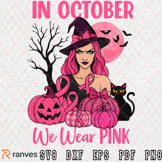Pink Witch SVG PNG, Breast Cancer Awareness Halloween Clipart Design