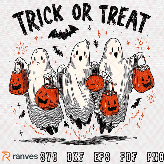 Trick or Treat Ghost PNG, Cute Halloween Ghost Sublimation, SVG, PNG, EPS, DXF