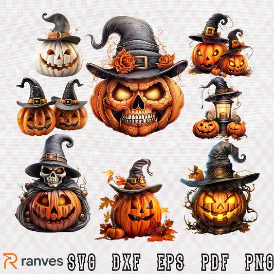 Watercolor Halloween Scary Pumpkin Clipart Bundle SVG, PNG, EPS, DXF