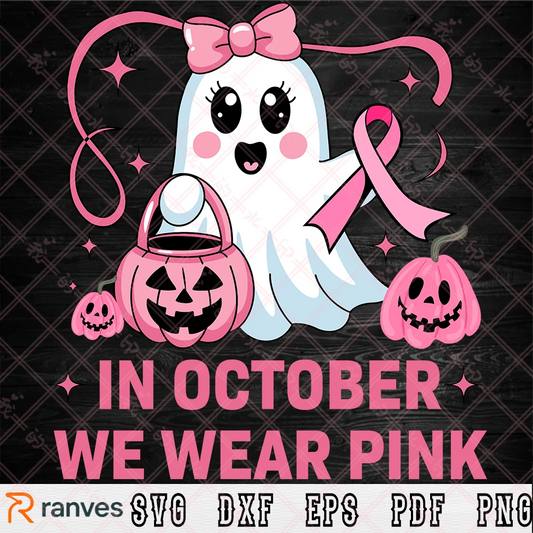 In October We Wear Pink SVG PNG, Cute Ghost Pumpkin Breast Cancer File