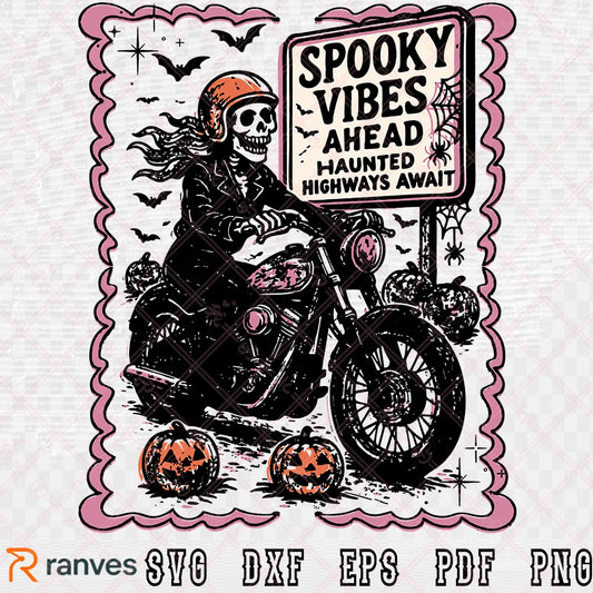Spooky Vibes Skeleton Rider SVG PNG, Haunted Highway Halloween Clipart